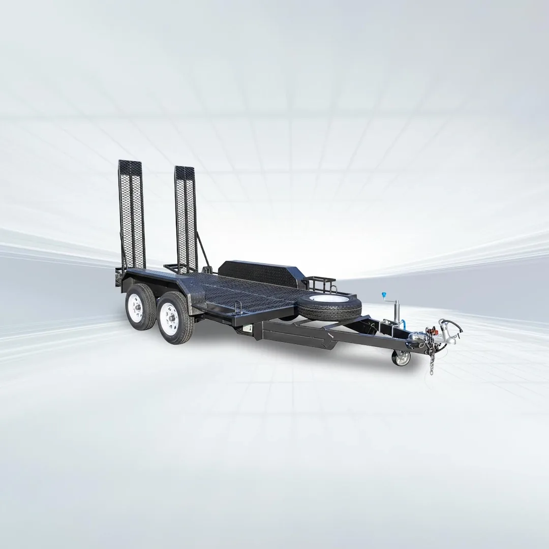 Studio side angled view of black 10x5 machinery trailer with grip mesh floor, mesh ramp and uprights on white background.
