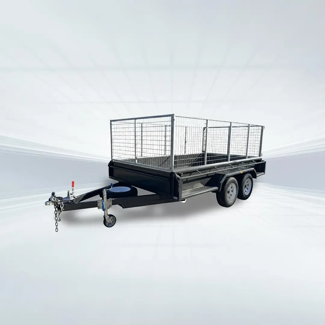 10x6 tandem trailer with 1990kg GVM, full checker plate floor, 380mm sides, full tie-down rails, and 900mm high galvanised cage in studio setting.