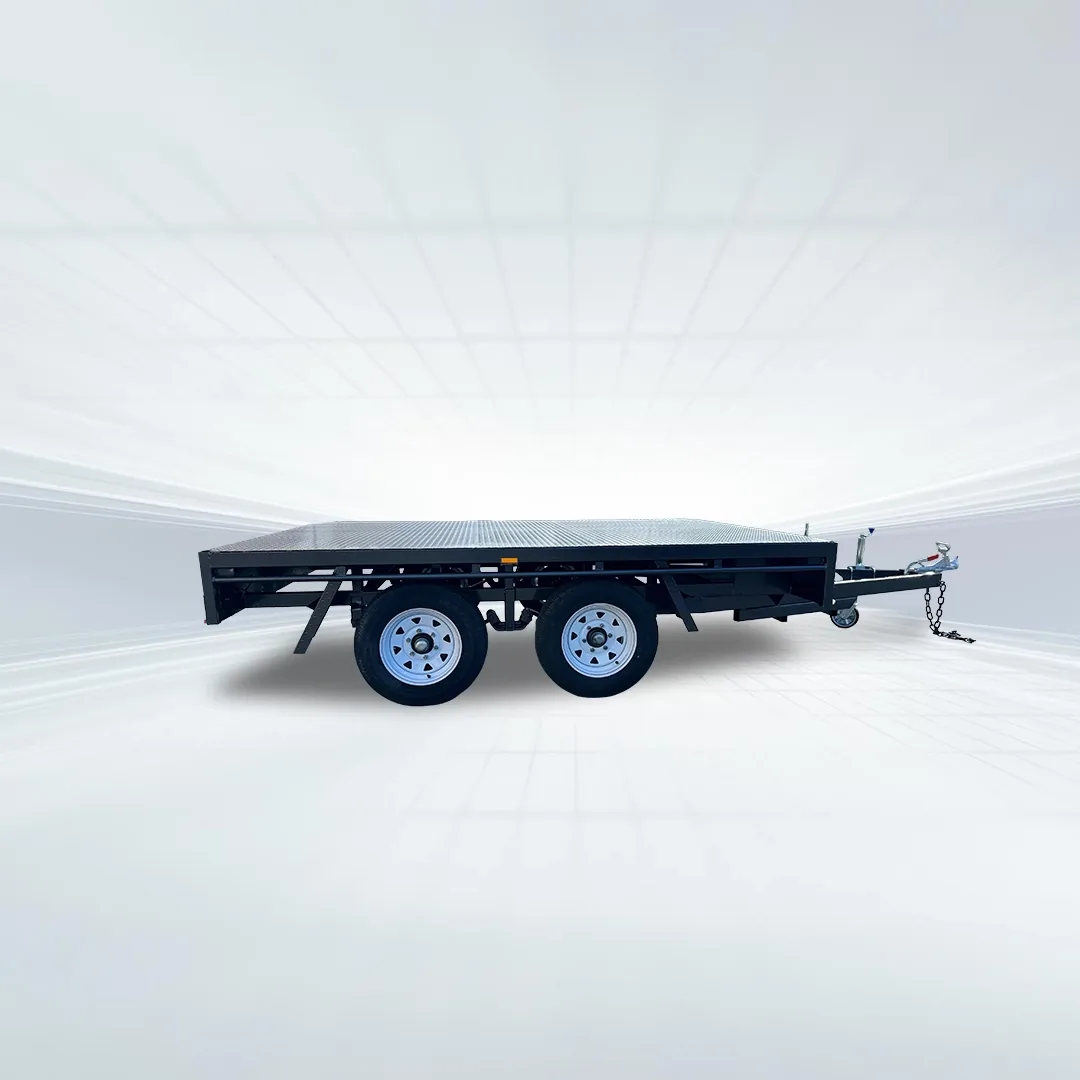 Studio side view of black 10x7 flat top trailer with checker plate deck and tandem axles on white background.