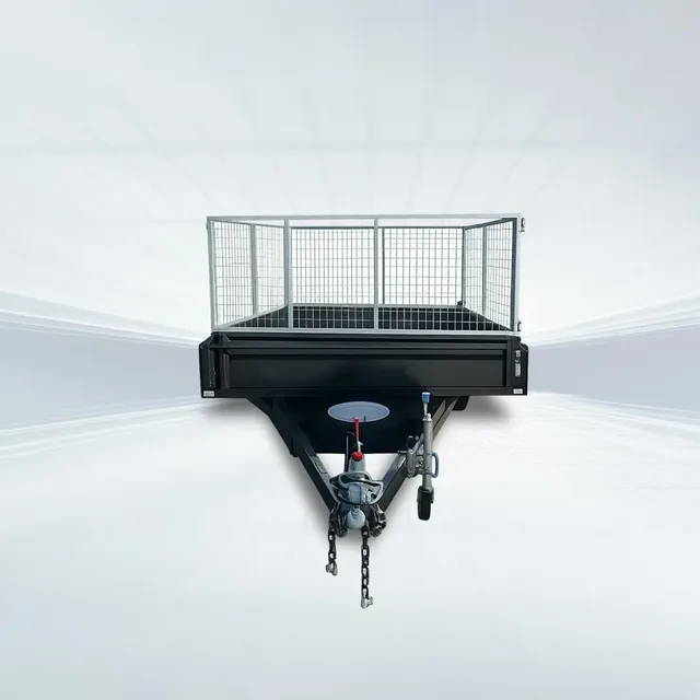 Front view of 12x5 tandem trailer with 1990kg GVM, full checker plate, and 900mm galvanised cage in studio.