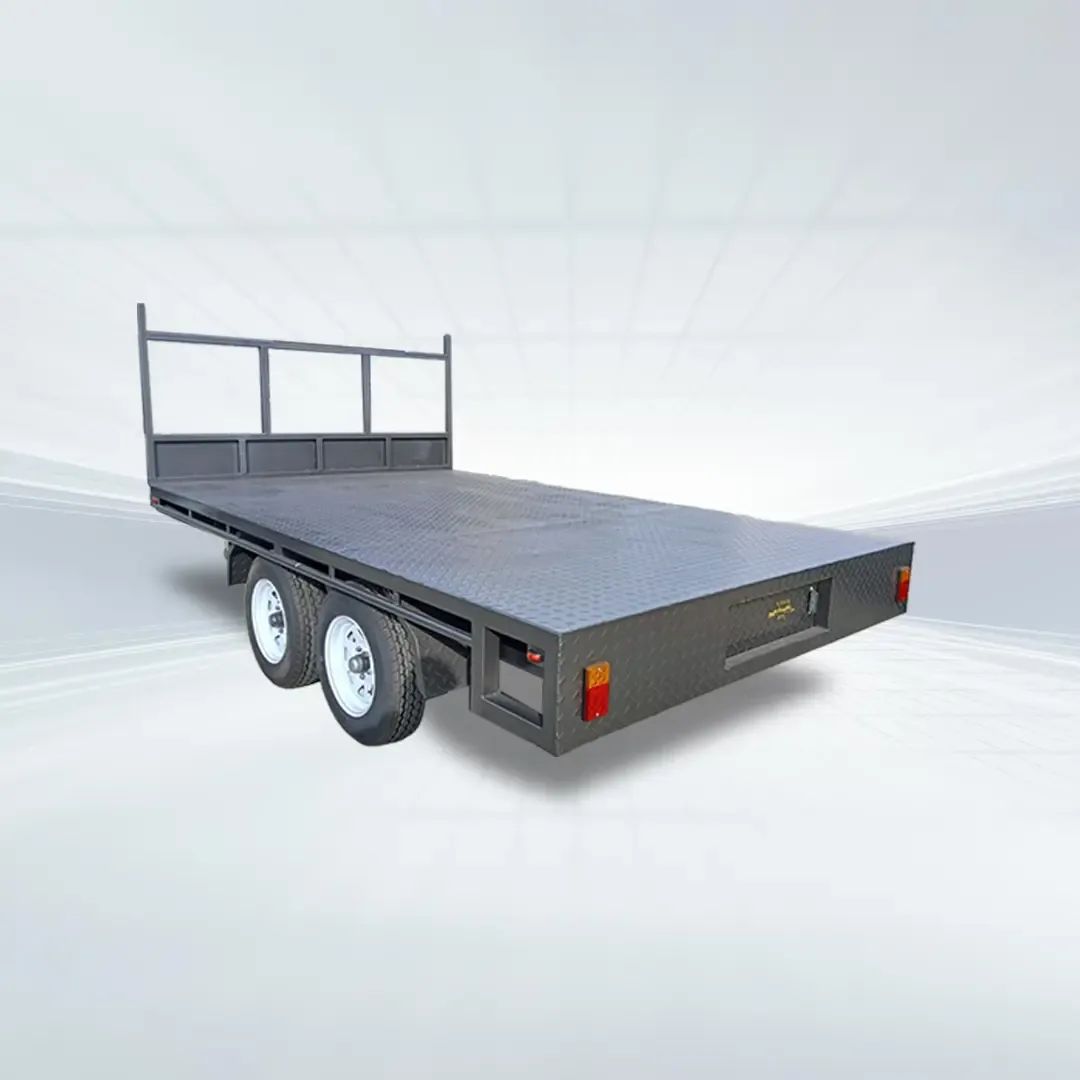 Studio or clean yard view of black 12x7 flat top trailer with 1990kg GVM and full checker plate deck.