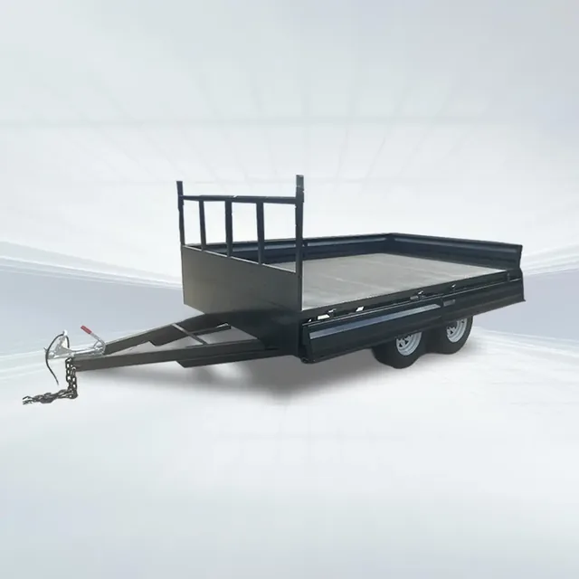 Black 12x7 flat top trailer with 3500kg GVM, front headboard, removable sides, pipe racks, and full checker plate deck in studio setting.