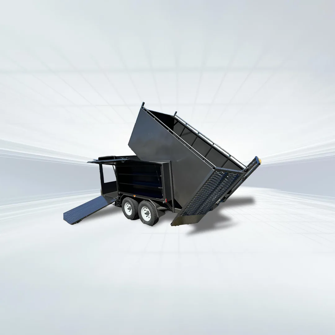 Side angled view of black 14x5 lawn mowing tipper trailer with raised bin and mesh ramp in studio setting.