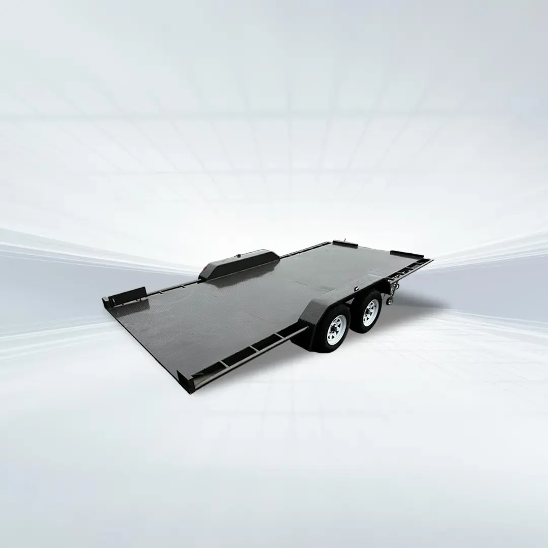 Studio shot of 16ft car trailer with manual hydraulic tilt function, checker plate deck, and tandem axles.