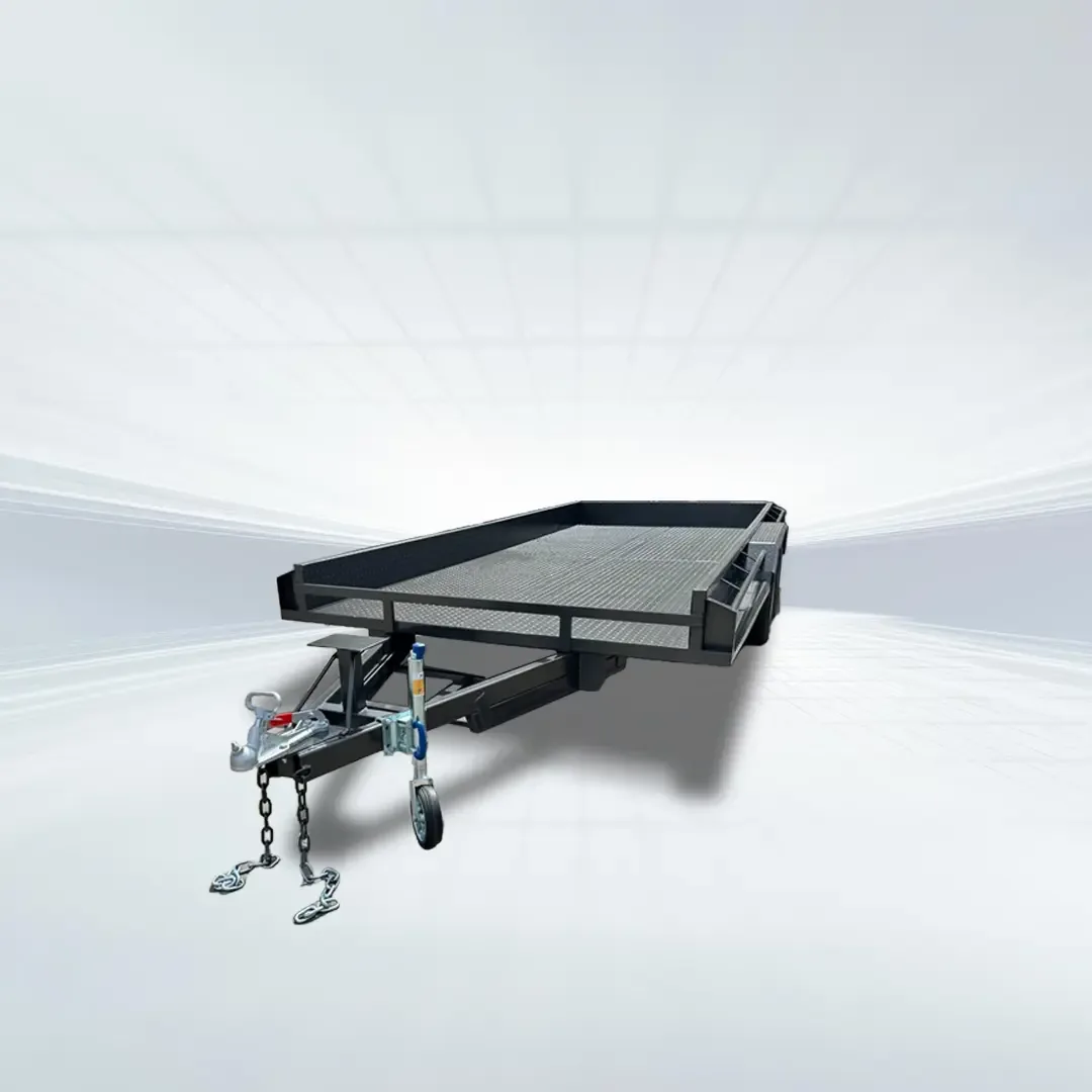 Studio three-quarter view of 16ft car trailer with 2800kg GVM, 10-inch sides, checker plate deck, and slide-in ramps.
