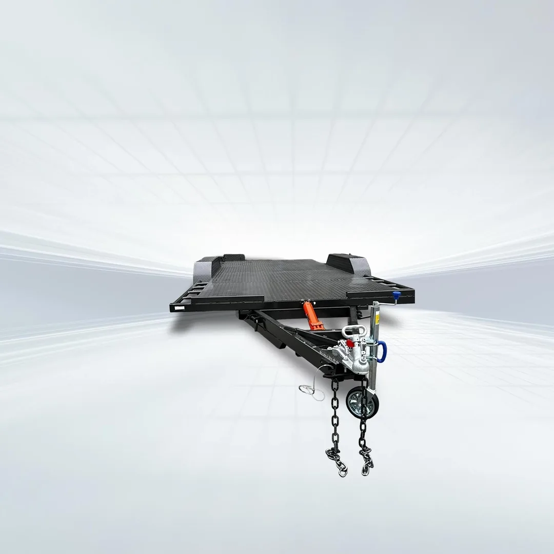 Studio shot of 16ft black car trailer with 2800kg GVM and manual hydraulic tilt mechanism in white background.