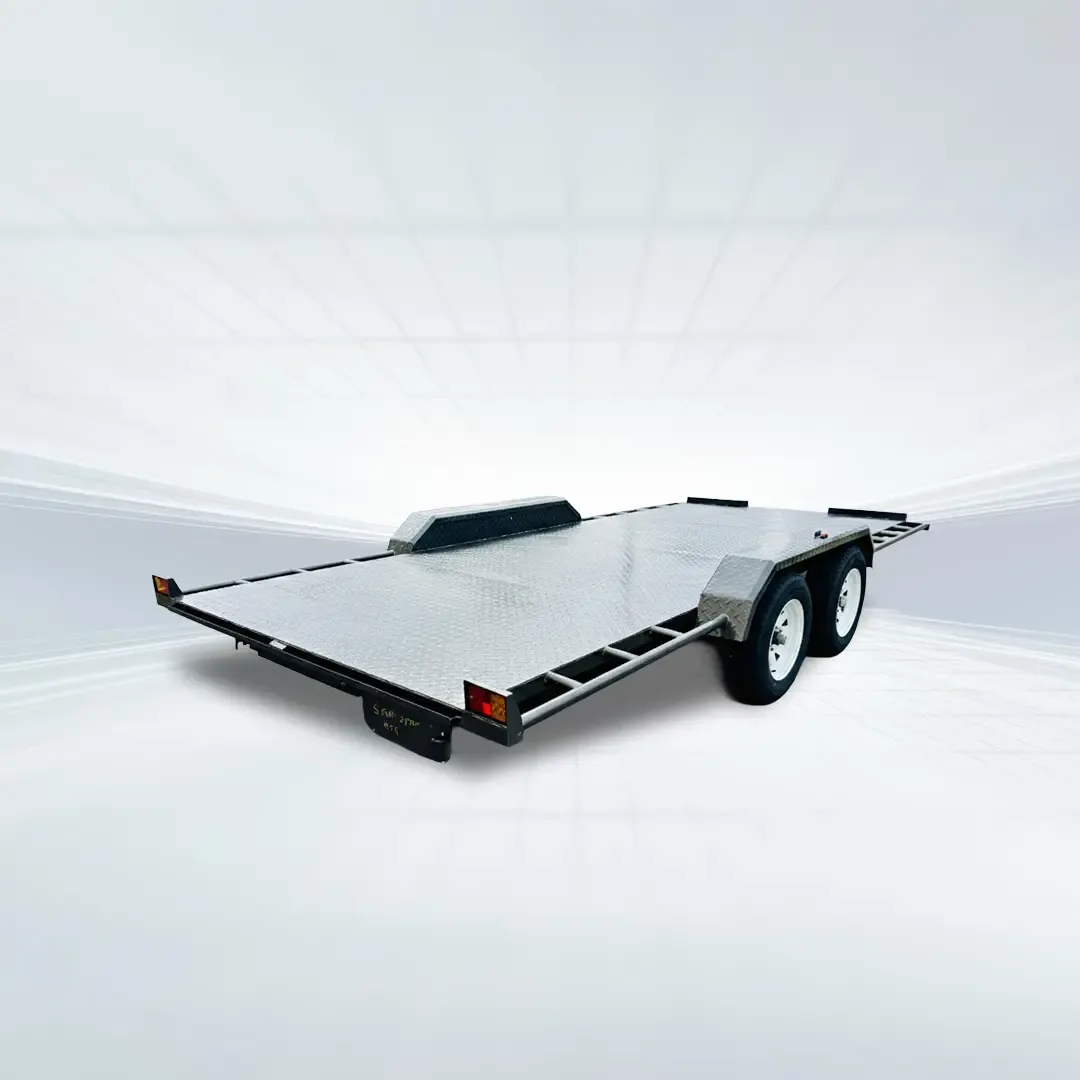 Studio side view of silver/grey 16ft semi-flat car trailer with 2800kg GVM, checker plate deck, and tandem axles.