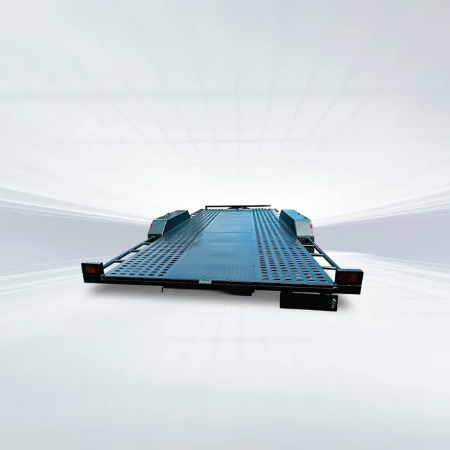 Rear studio view of 16ft beavertail car trailer with perforated sheet floor, checker plate ramps, and 3200kg GVM.
