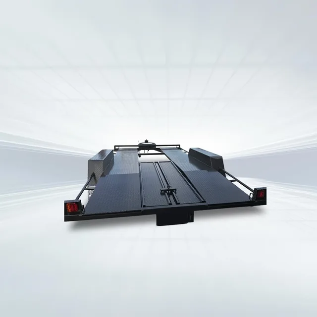 Rear studio view of black 16ft semi-flat car trailer with 3200kg GVM, checker plate deck, and extended slide-in ramps on white background.