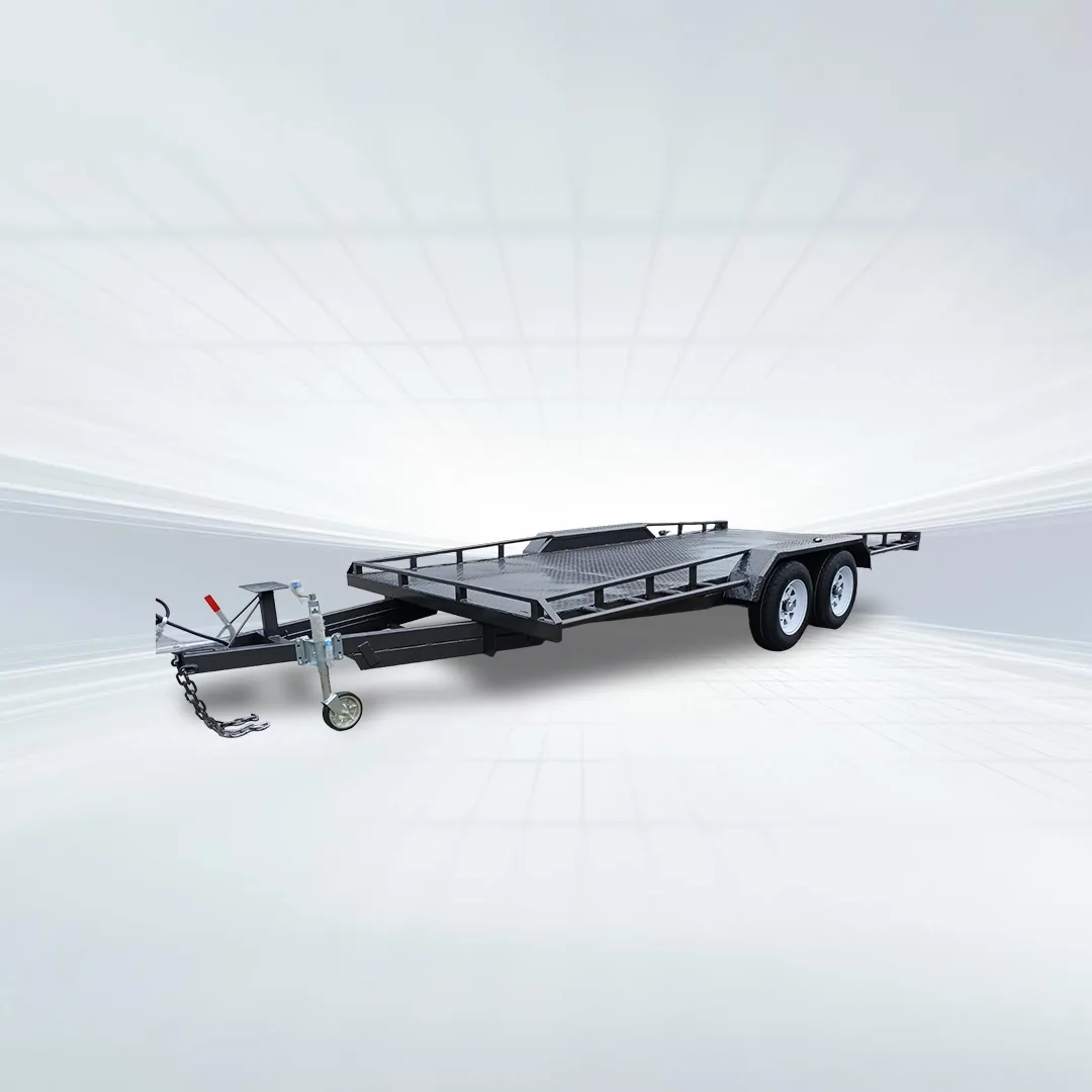 Side view of black 16ft car trailer with 3200kg GVM featuring right-hand side (RHS) raised sides and slide-in ramps.
