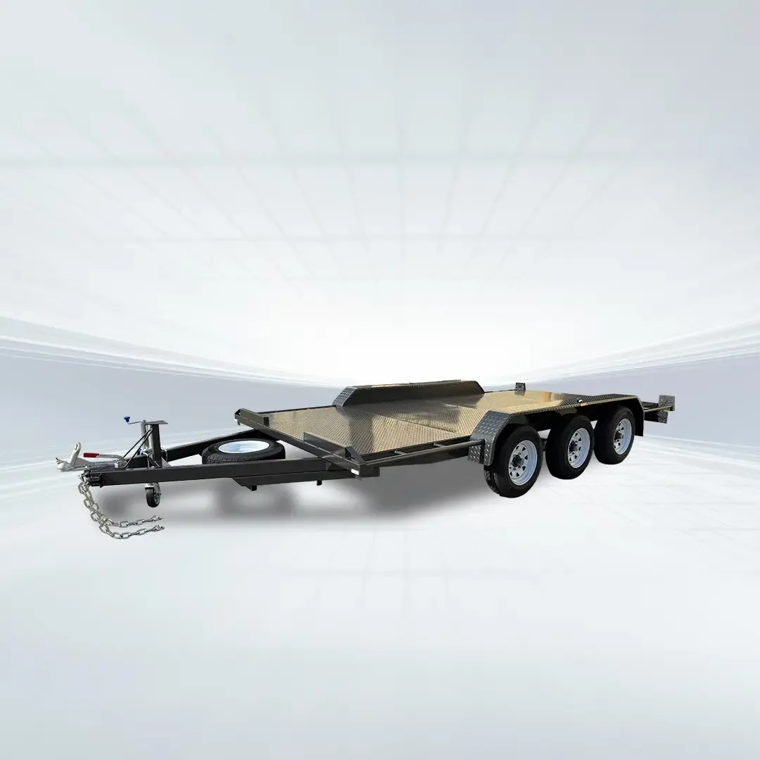 Studio shot of 16ft tri-axle car trailer with 3500kg GVM, semi-flat deck, and slide-in ramps.
