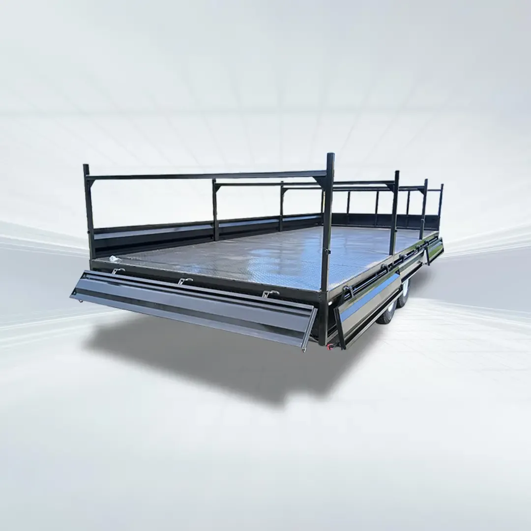 Black 6m x 2.4m flat top trailer with 3500kg GVM, full checker plate deck, rear loading ramp, and side rails in clean studio setting.