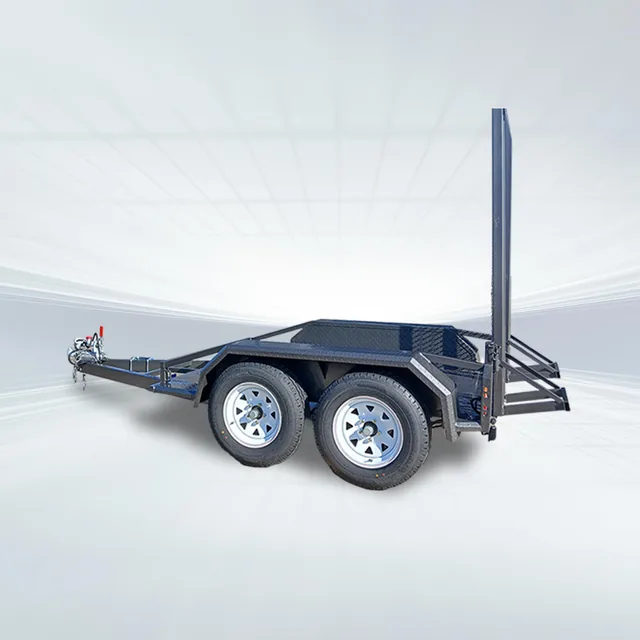 Studio side angled view of black 7x4 scissor lift trailer with grip mesh ramp and rear upright on white background.