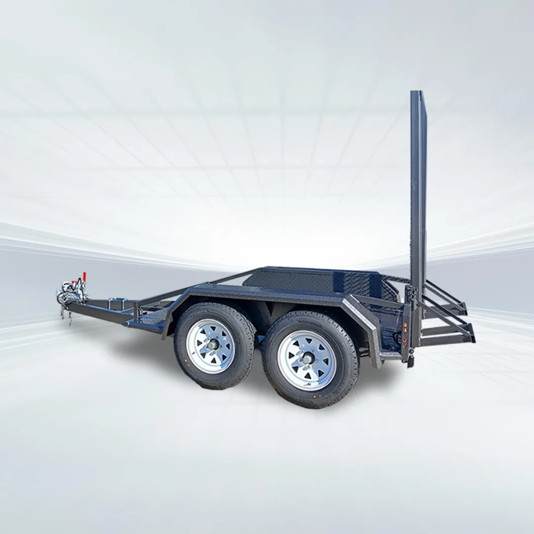 Studio side angled view of black 7x4 scissor lift trailer with grip mesh ramp and rear upright on white background.