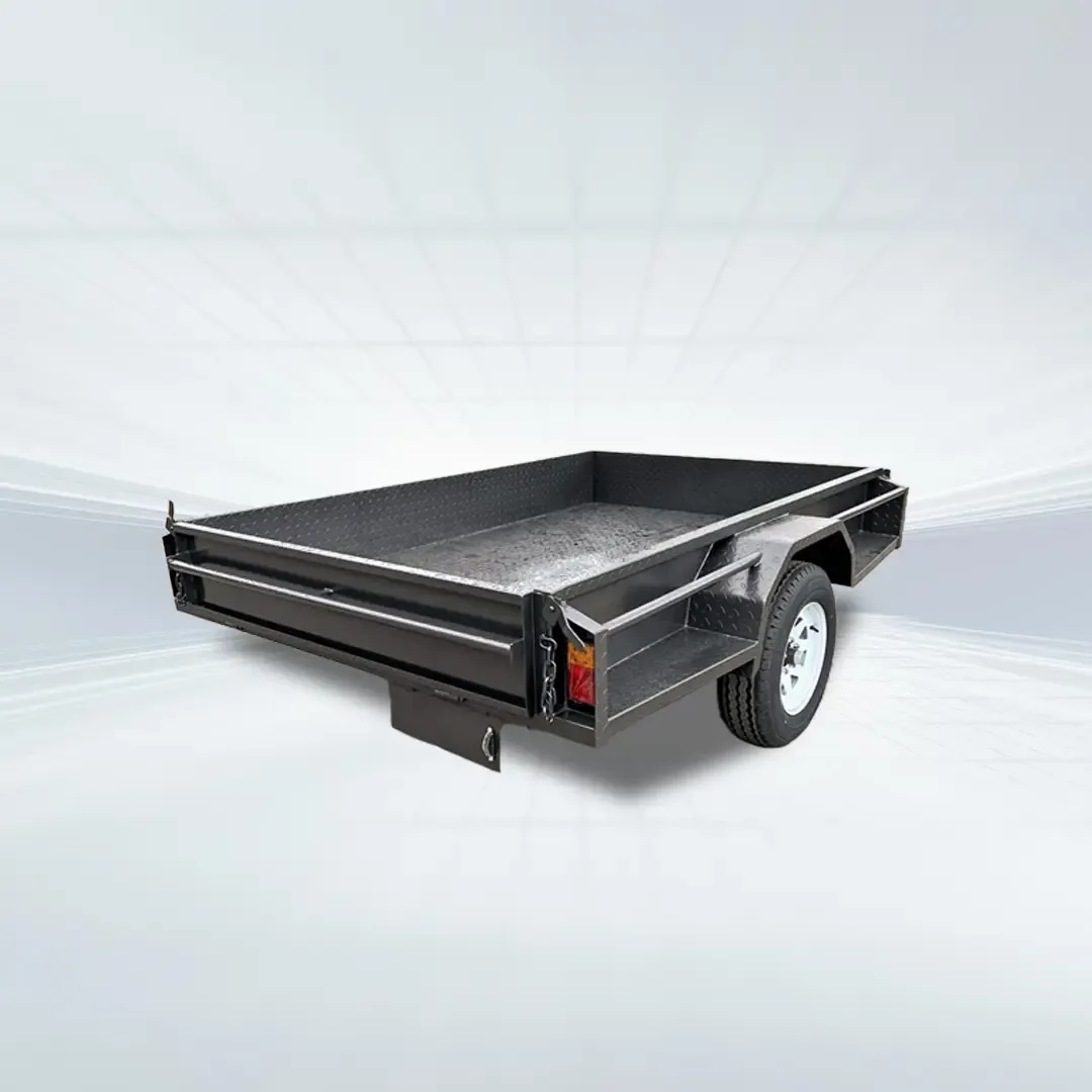 7x5 heavy-duty single axle trailer with 750kg GVM, full checker plate, and front/rear tailgates in studio.