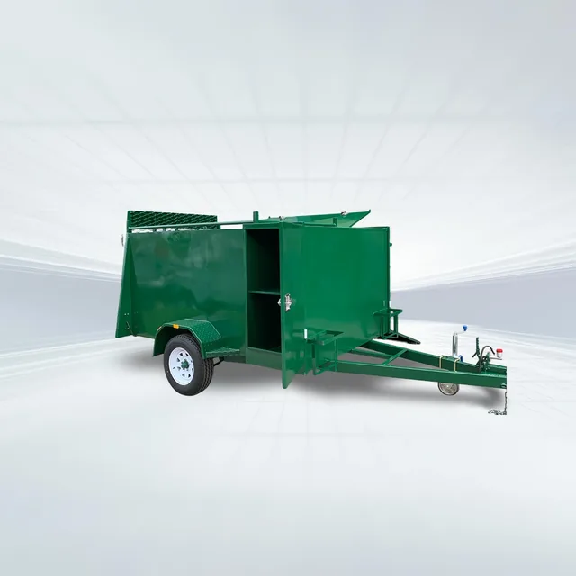 Studio angled view of green 7x5 lawn mowing trailer with side door open and grip mesh ramps on white background.
