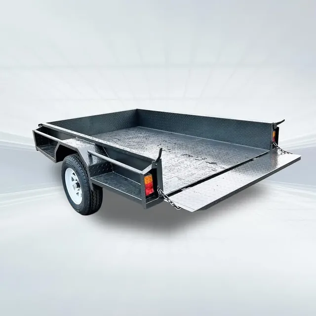 Studio shot of 8x5 heavy-duty single axle trailer with 750kg GVM, full checker plate, and front/rear tailgates.