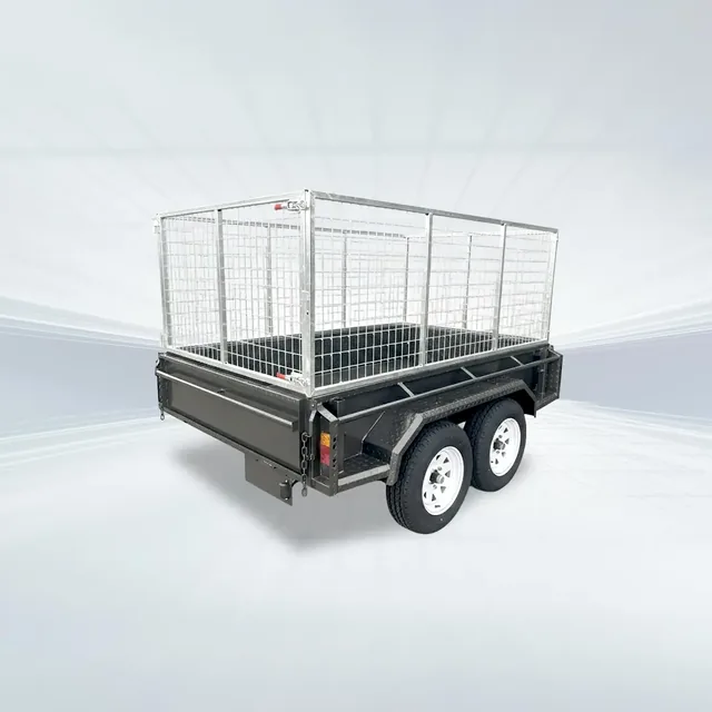 8x5 tandem trailer with 1990kg GVM, full checker plate, 380mm sides, tie-down rails, and 900mm high galvanised cage.
