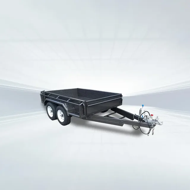 Studio view of 8x5 tandem trailer with 1990kg GVM, full checker plate floor and sides, and tie-down rails.