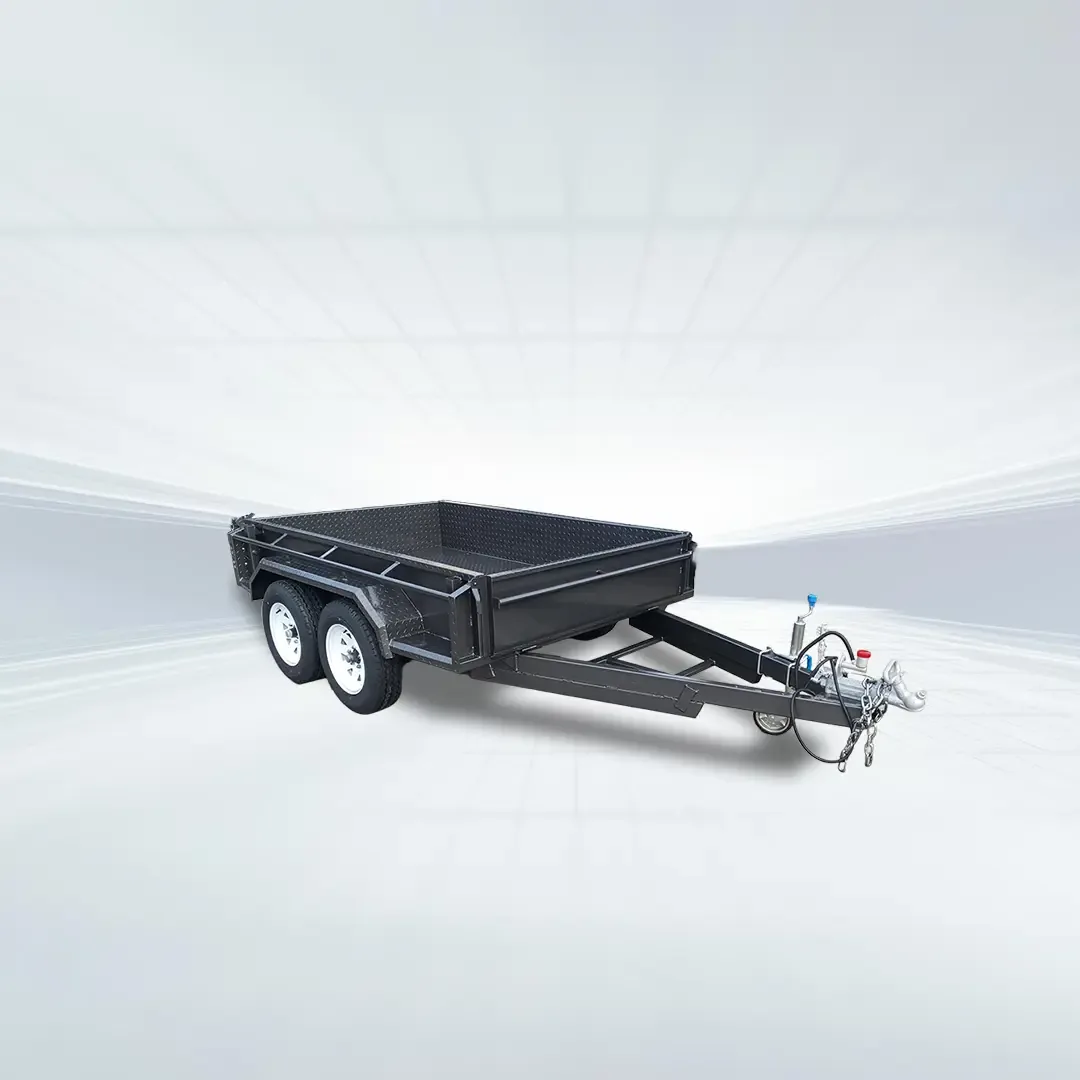 Studio view of 8x5 tandem trailer with 1990kg GVM, full checker plate floor and sides, and tie-down rails.