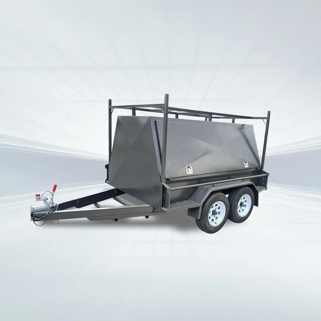 Studio side angled view of black 8x5 tradesman trailer with full one-piece canopy on white background.