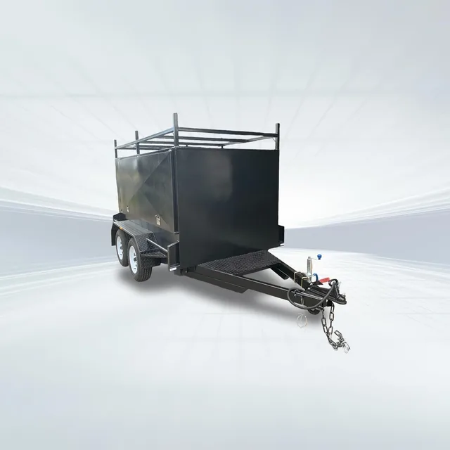 Studio side angled view of black 8x5 tradesman trailer with square one-piece canopy top on white background.
