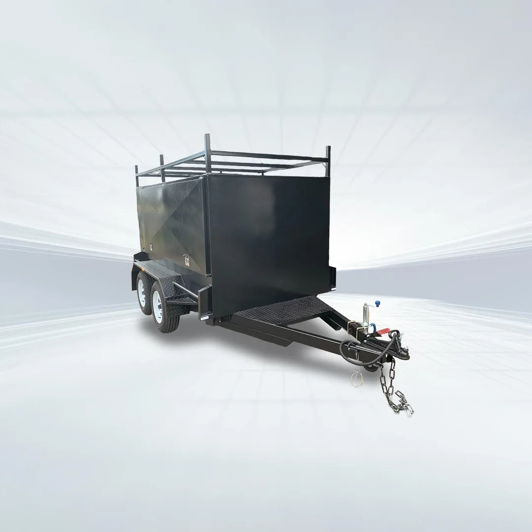 Studio side angled view of black 8x5 tradesman trailer with square one-piece canopy top on white background.