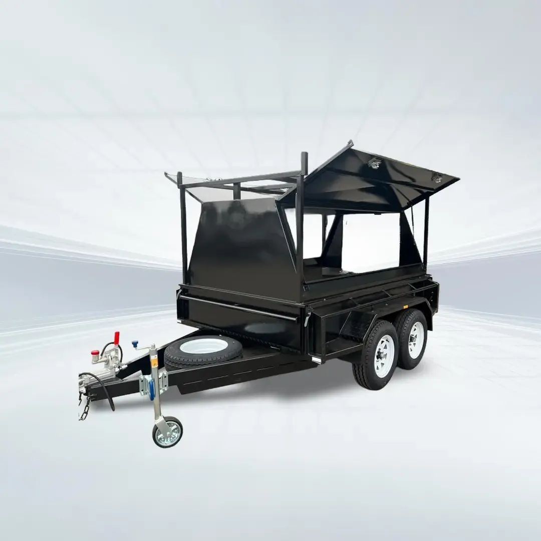 Studio side angled view of black 8x5 tradesman trailer with two-piece canopy and rear door open on white background.